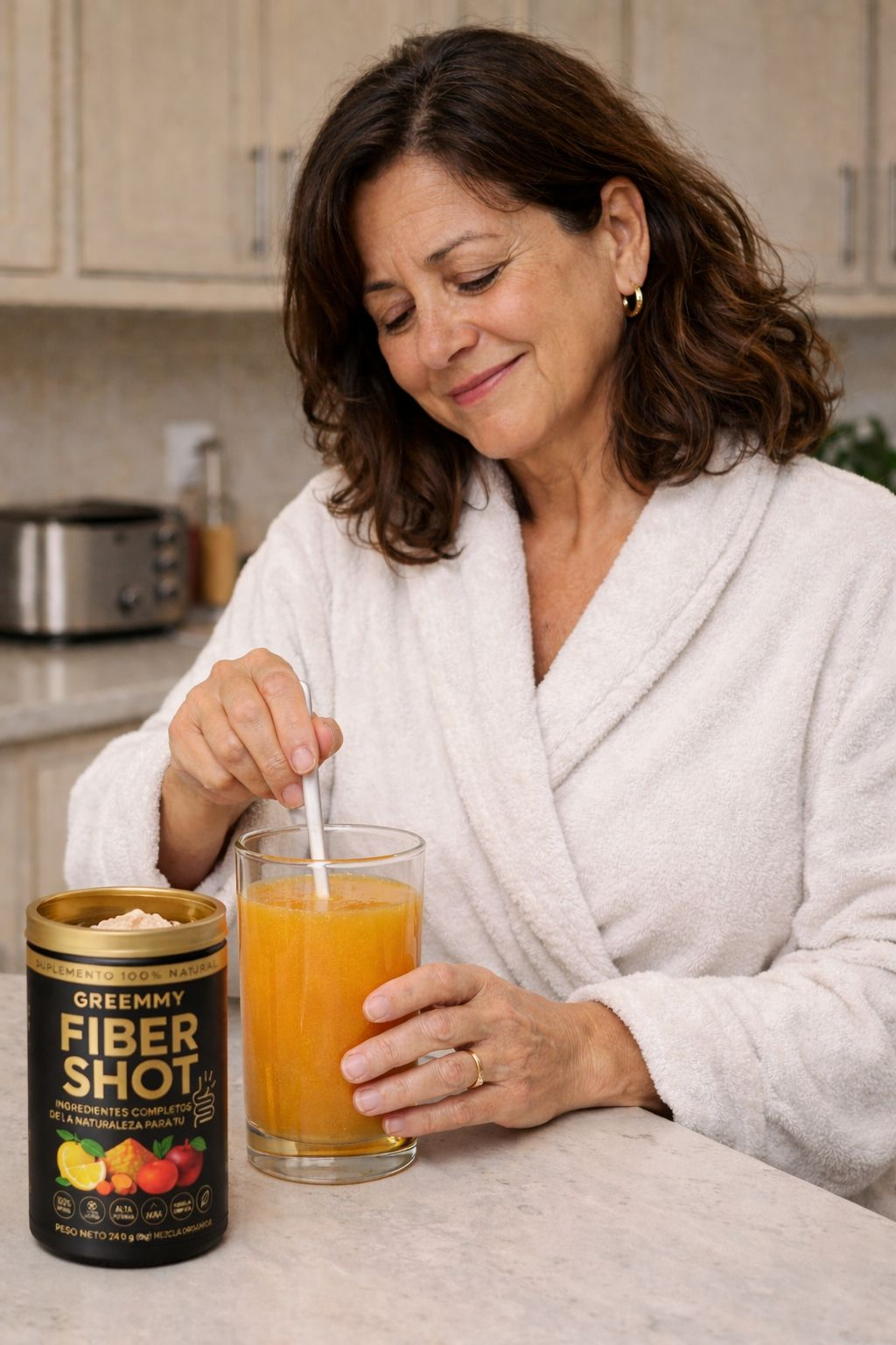Mujer preparando Fiber Shot en el desayuno