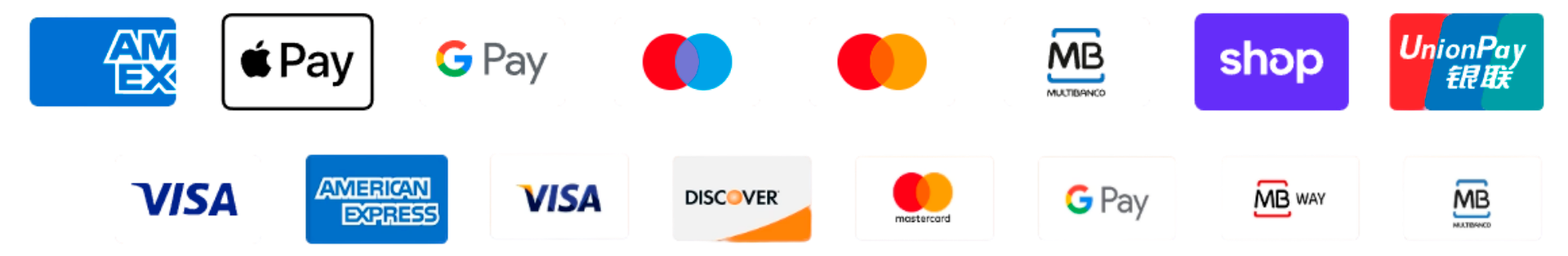 Metodos de pago: Visa, Mastercard, American Express, Apple Pay, Google Pay, PayPal, MB Way, Discover, UnionPay, Shop Pay